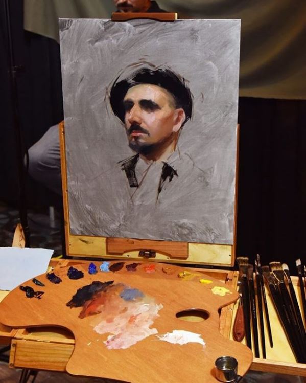 New Wave Handcrafted wooden Expressionist Confidant artist paint palette with paint in the studio of artist Casey Childs