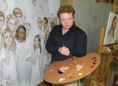 New Wave handcrafted wooden Grand View artist paint palette being held in the studio of artist Igor Babailov