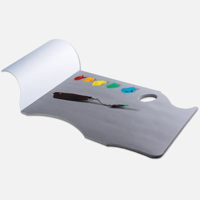 New Wave neutral grey Grey Pad Ergonomic Hand Held disposable paper tear away artist paint palette glued on 3 edges with paint and a palette knife