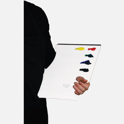 New Wave White Pad Ergonomic Hand Held white disposable paper tear away artist paint palette glued on 3 edges with paint being held