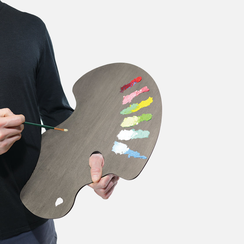 Expressionist Confidant Neutral Grey Stained Handcrafted Wooden Artist Paint Palette Being Held While Oil Painting